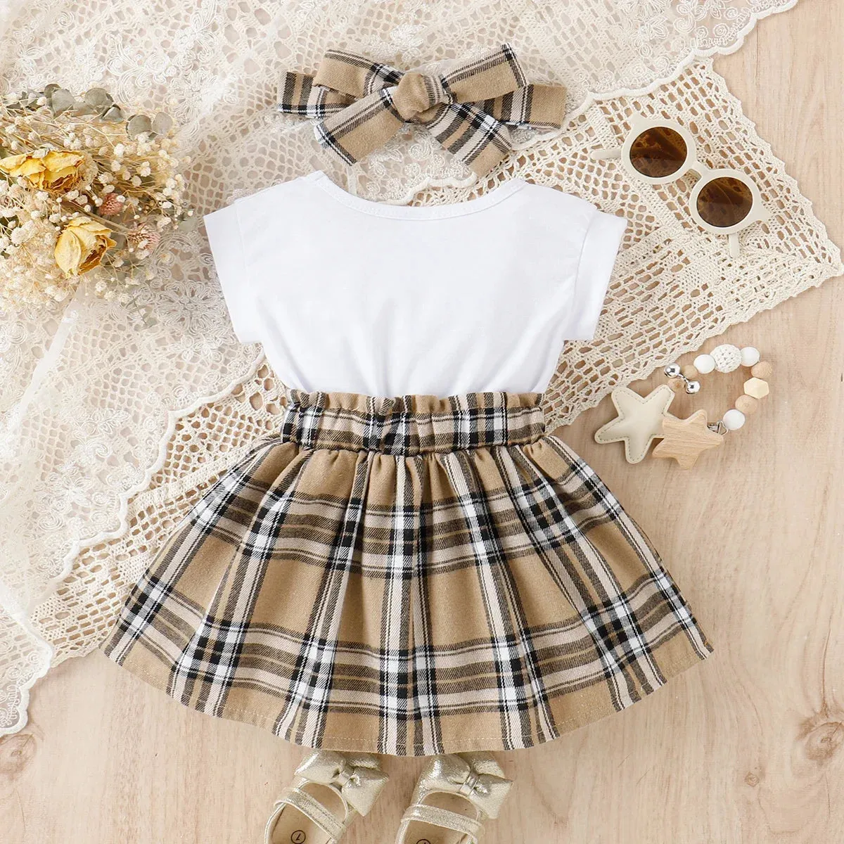 2pcs Baby Girl Spliced Plaid Dress & Headband