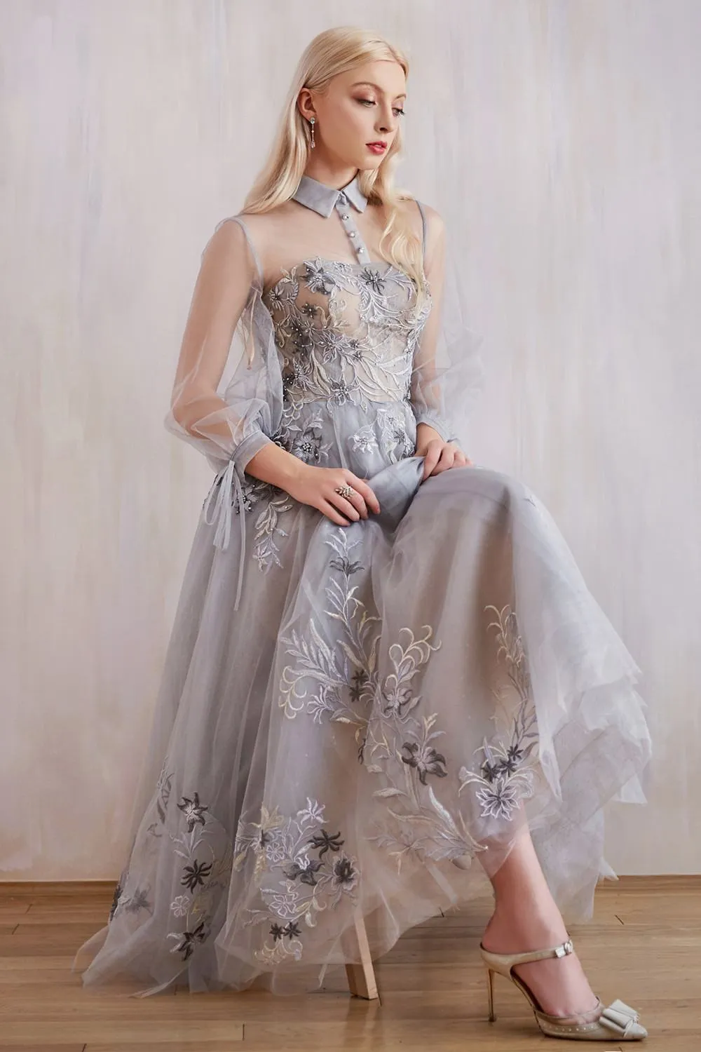 Andrea & Leo A0862 Tea-Length Tulle Embroidered Lace Dress Long Sleeves