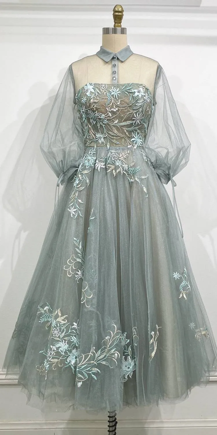 Andrea & Leo A0862 Tea-Length Tulle Embroidered Lace Dress Long Sleeves