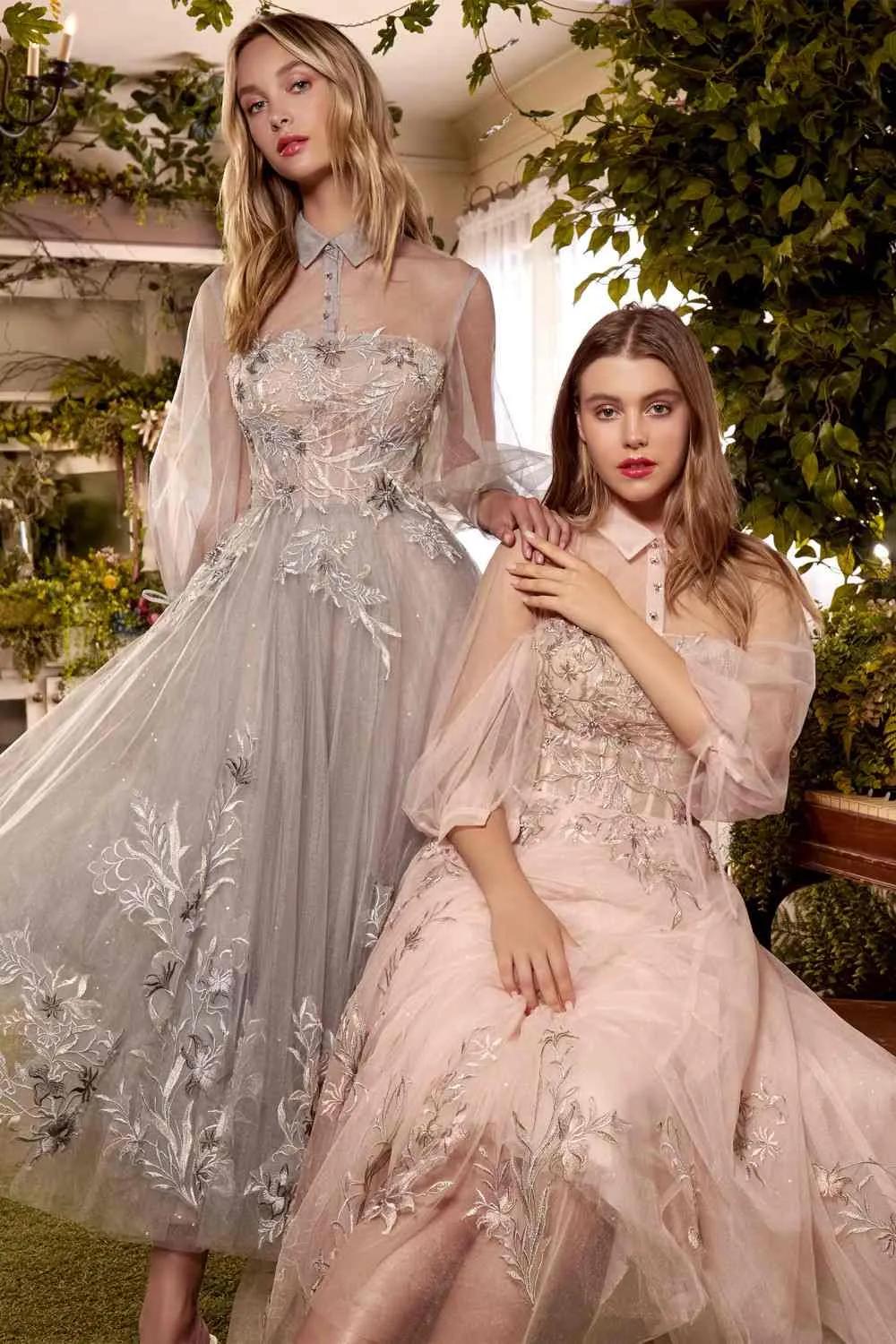 Andrea & Leo A0862 Tea-Length Tulle Embroidered Lace Dress Long Sleeves