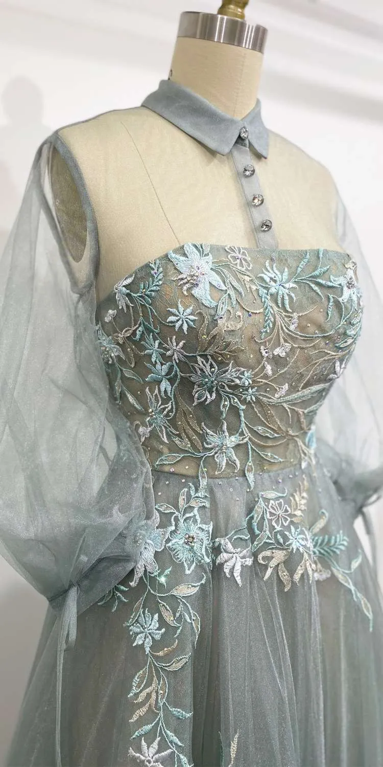 Andrea & Leo A0862 Tea-Length Tulle Embroidered Lace Dress Long Sleeves