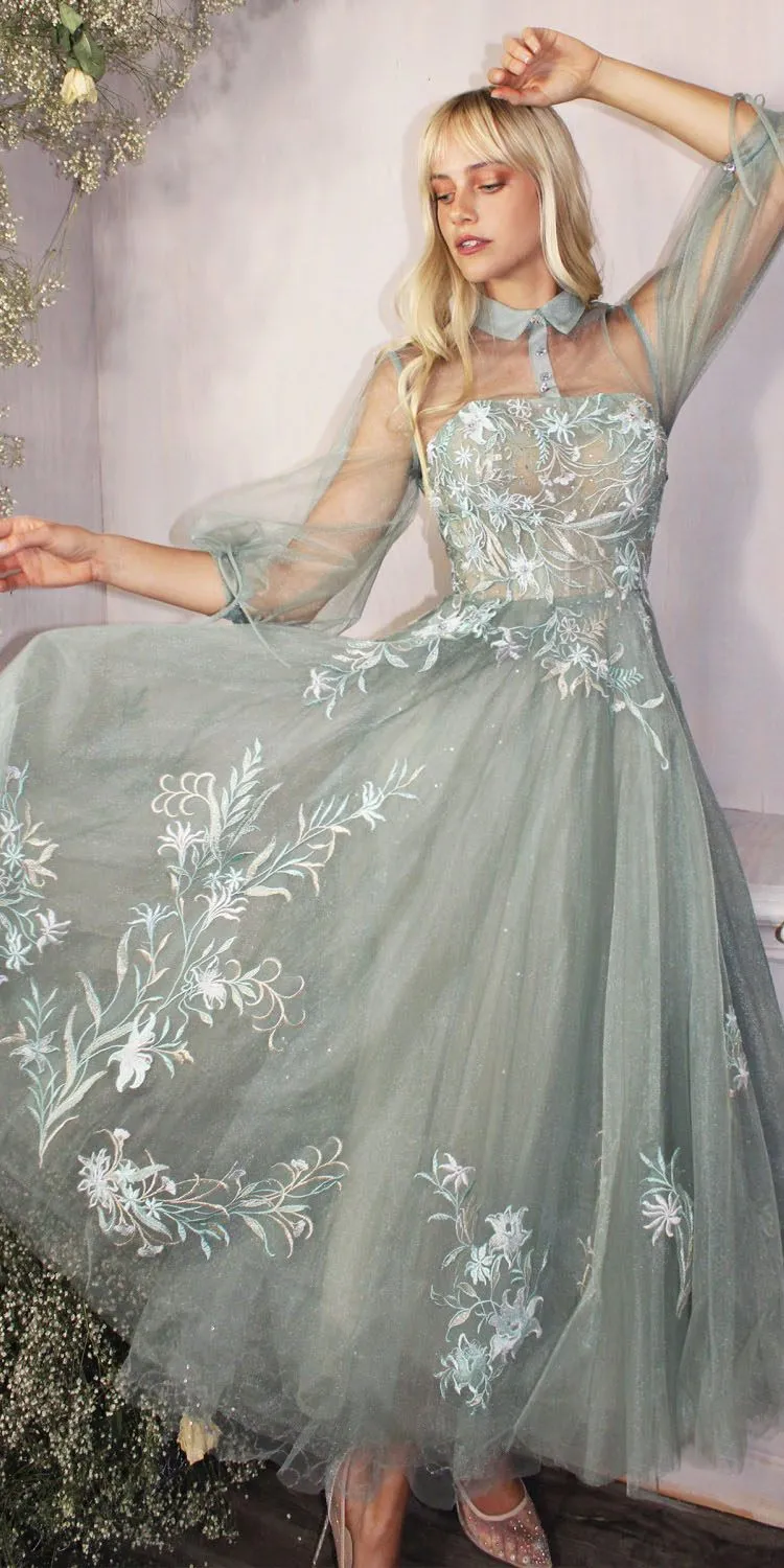 Andrea & Leo A0862 Tea-Length Tulle Embroidered Lace Dress Long Sleeves