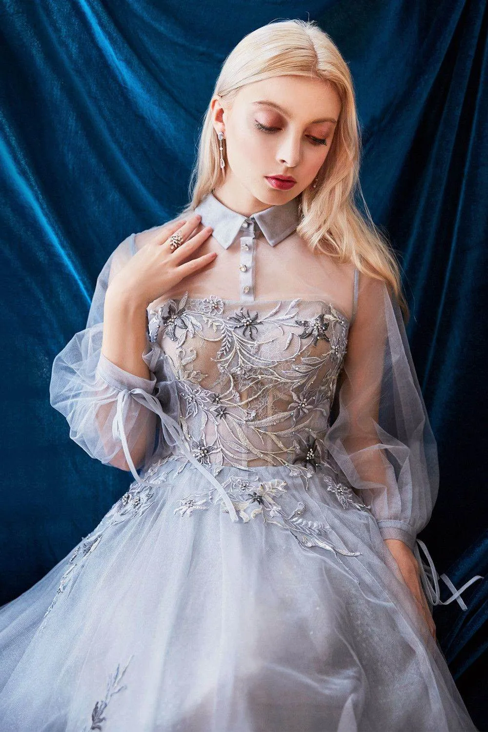 Andrea & Leo A0862 Tea-Length Tulle Embroidered Lace Dress Long Sleeves