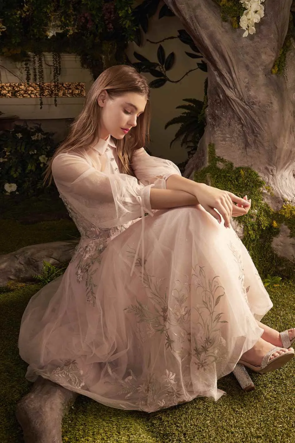 Andrea & Leo A0862 Tea-Length Tulle Embroidered Lace Dress Long Sleeves