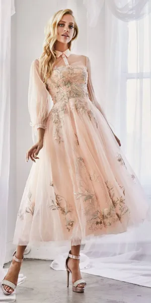 Andrea & Leo A0862 Tea-Length Tulle Embroidered Lace Dress Long Sleeves