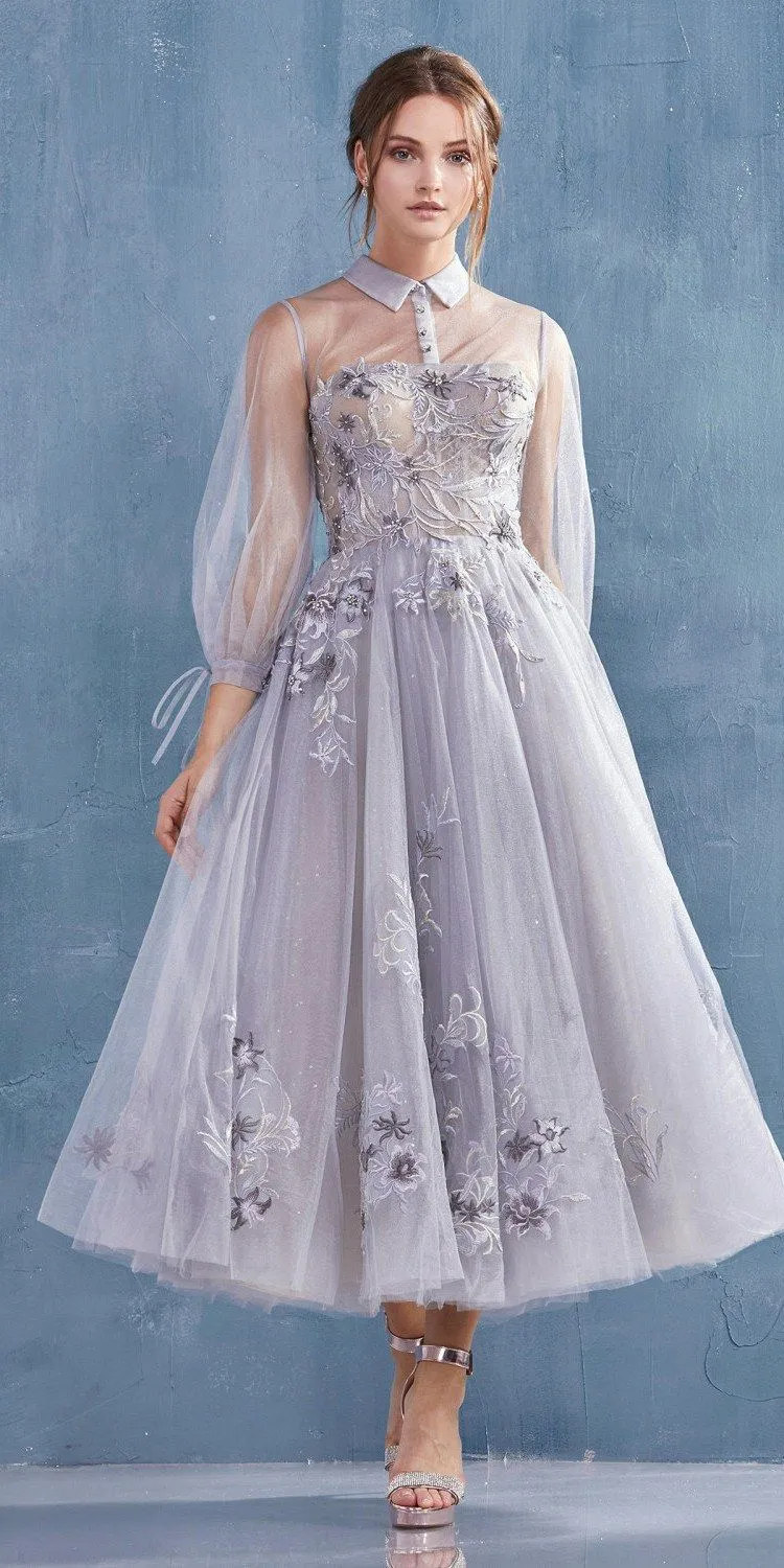 Andrea & Leo A0862 Tea-Length Tulle Embroidered Lace Dress Long Sleeves