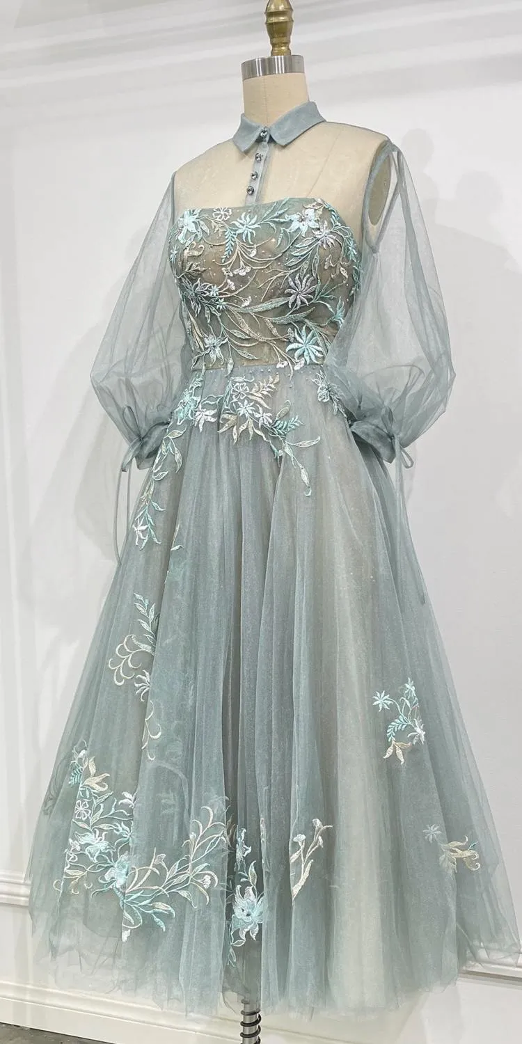 Andrea & Leo A0862 Tea-Length Tulle Embroidered Lace Dress Long Sleeves
