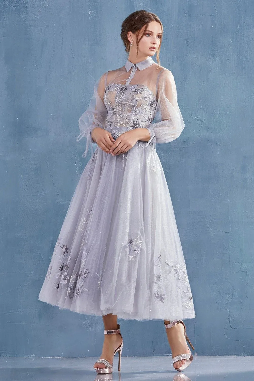 Andrea & Leo A0862 Tea-Length Tulle Embroidered Lace Dress Long Sleeves