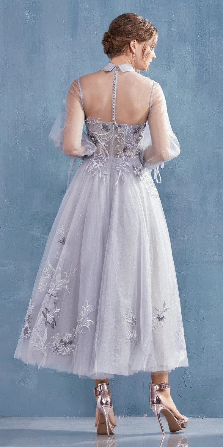 Andrea & Leo A0862 Tea-Length Tulle Embroidered Lace Dress Long Sleeves