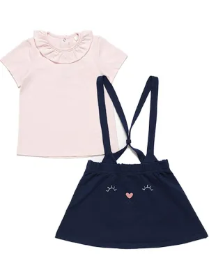 Artie - Girls Pink Top and Dark Blue Bunny Pinafore Skirt - 2 Piece Outfit