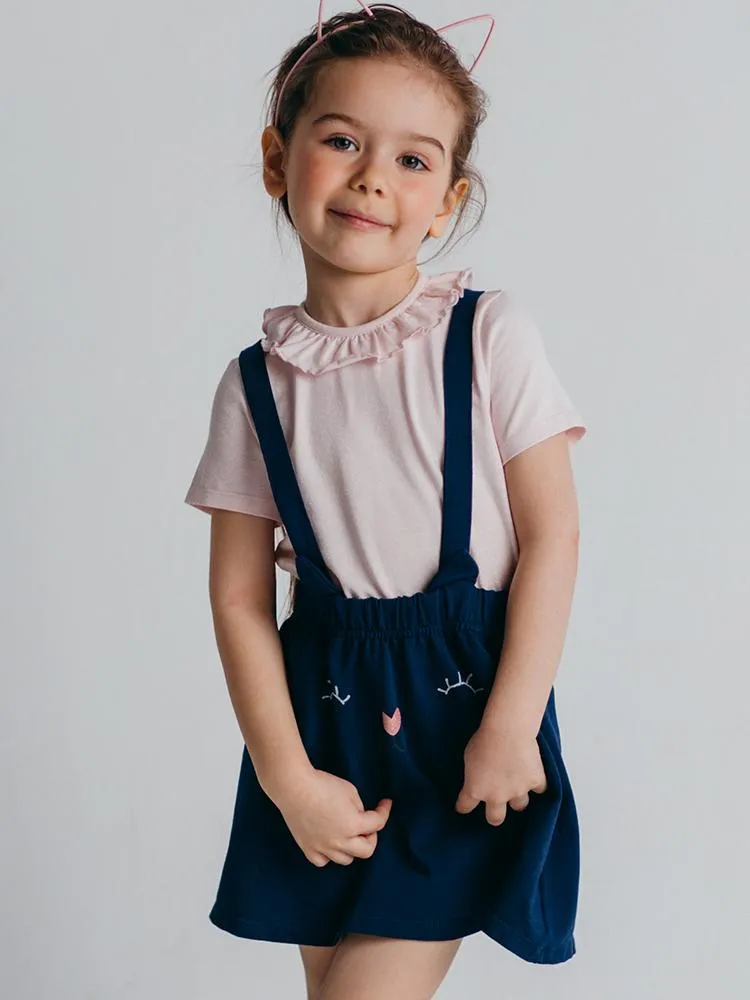 Artie - Girls Pink Top and Dark Blue Bunny Pinafore Skirt - 2 Piece Outfit
