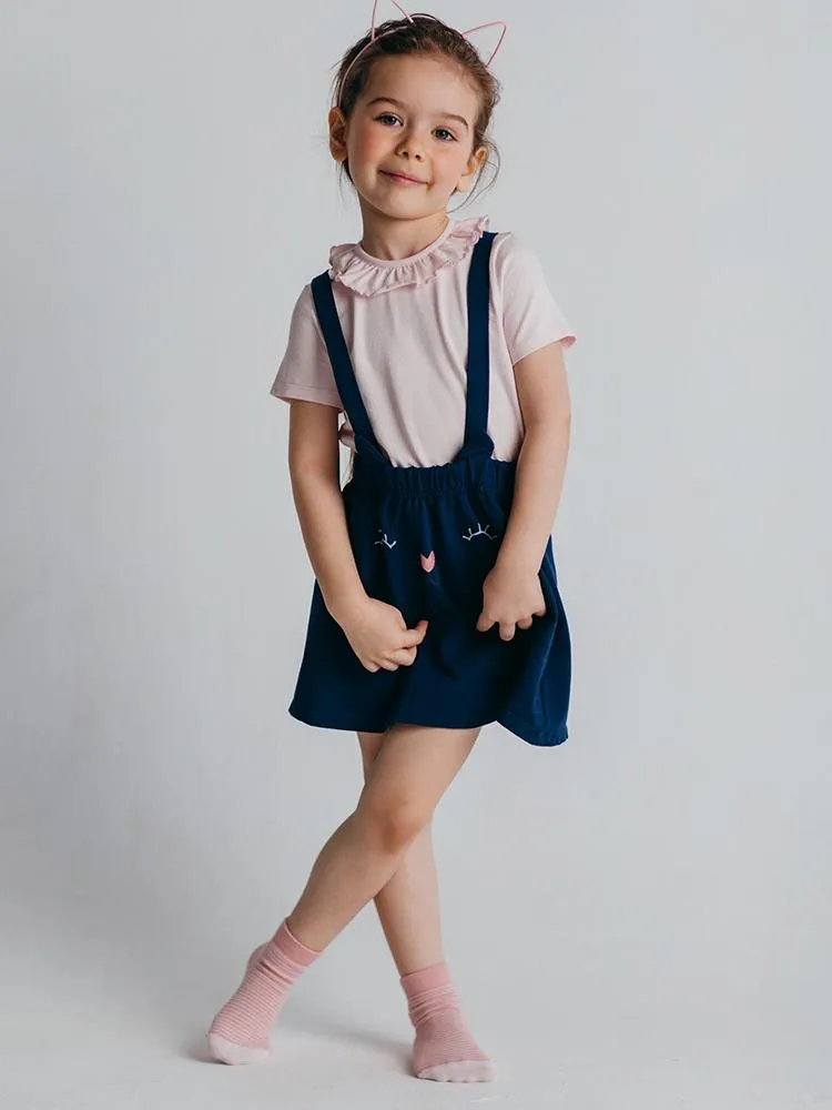 Artie - Girls Pink Top and Dark Blue Bunny Pinafore Skirt - 2 Piece Outfit