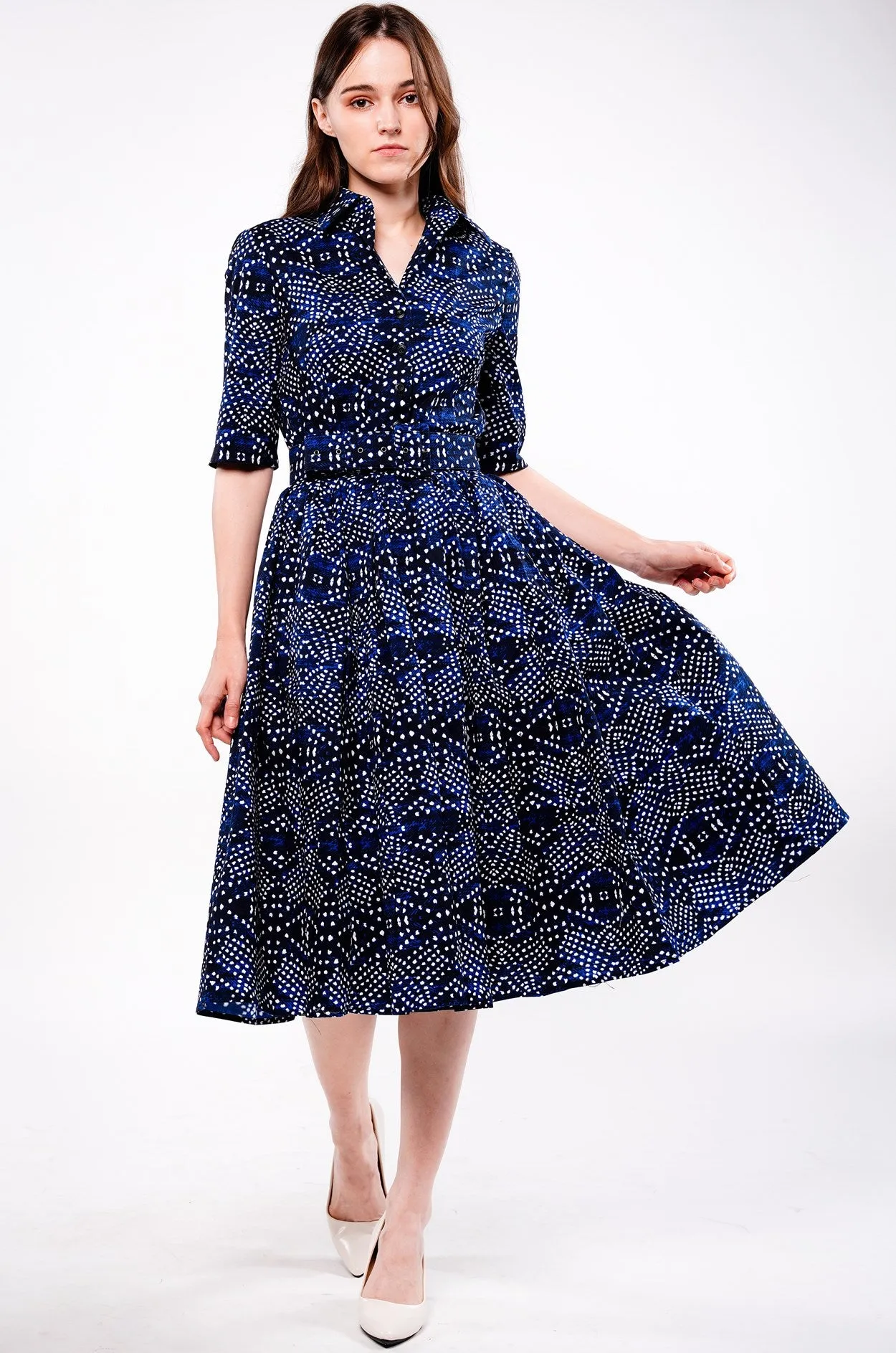 Audrey Dress #1 Shirt Collar 1/2 Sleeve Long Length Cotton Stretch (Shibori Boho)