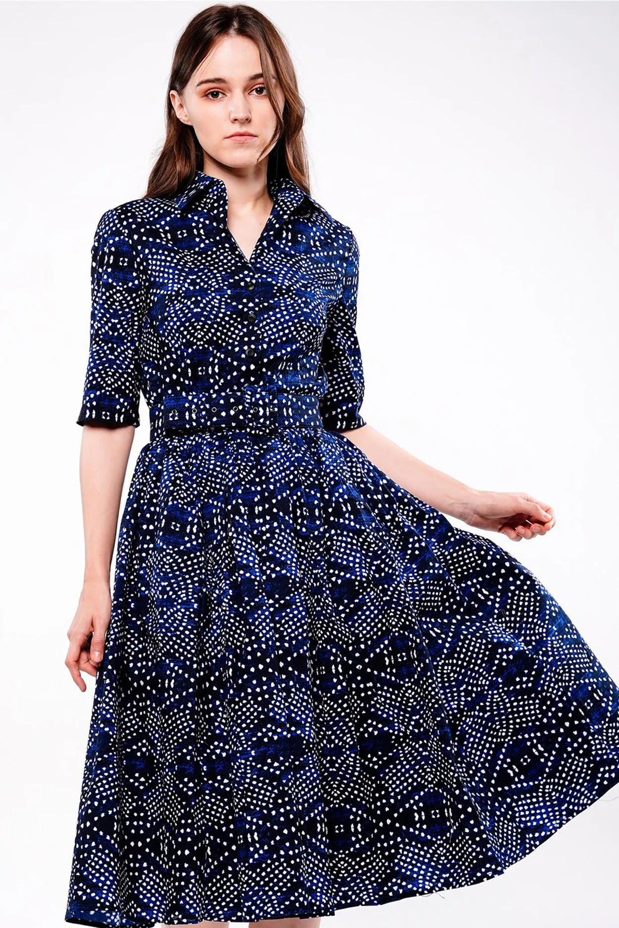 Audrey Dress #1 Shirt Collar 1/2 Sleeve Long Length Cotton Stretch (Shibori Boho)