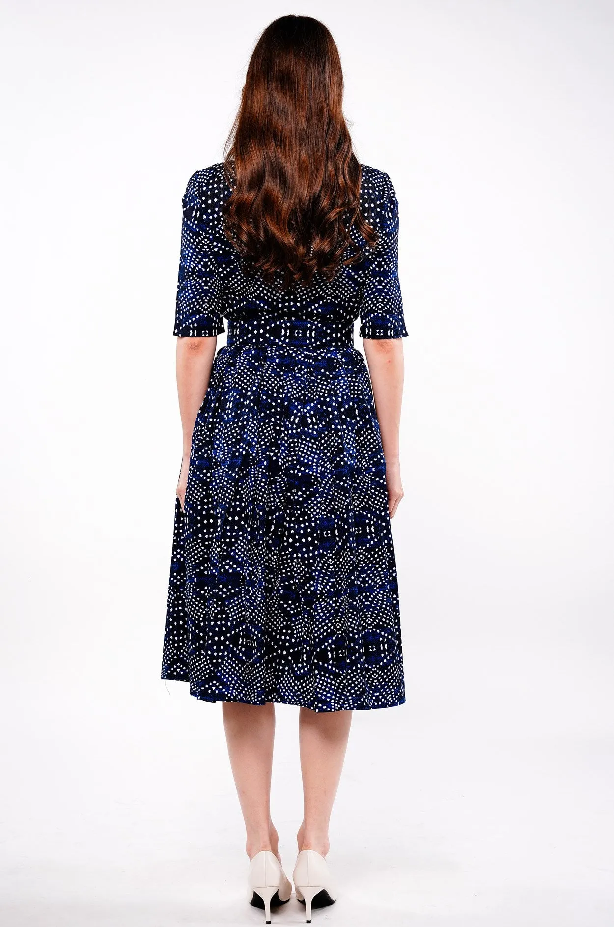 Audrey Dress #1 Shirt Collar 1/2 Sleeve Long Length Cotton Stretch (Shibori Boho)