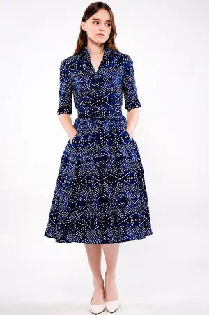 Audrey Dress #1 Shirt Collar 1/2 Sleeve Long Length Cotton Stretch (Shibori Boho)