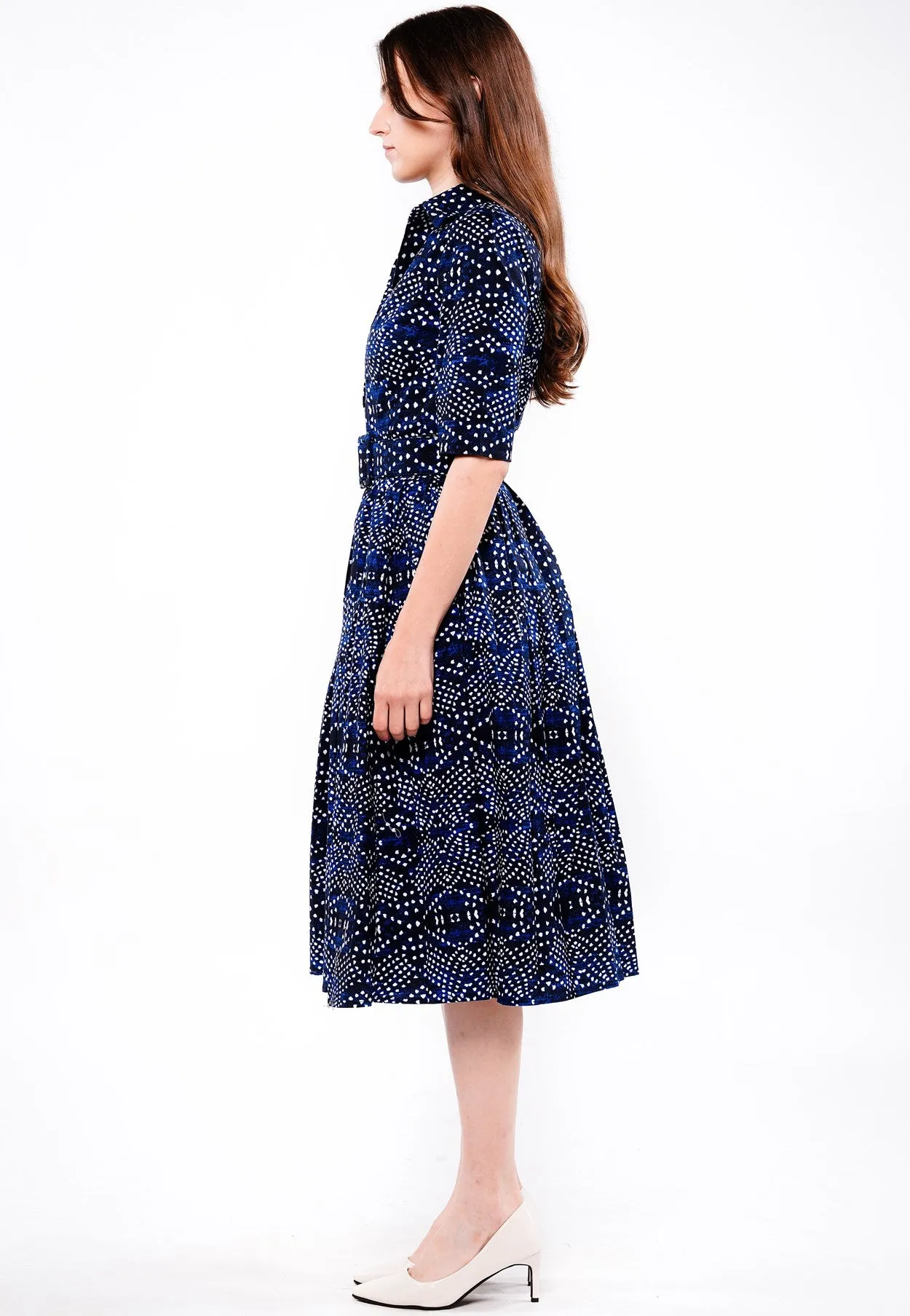 Audrey Dress #1 Shirt Collar 1/2 Sleeve Long Length Cotton Stretch (Shibori Boho)