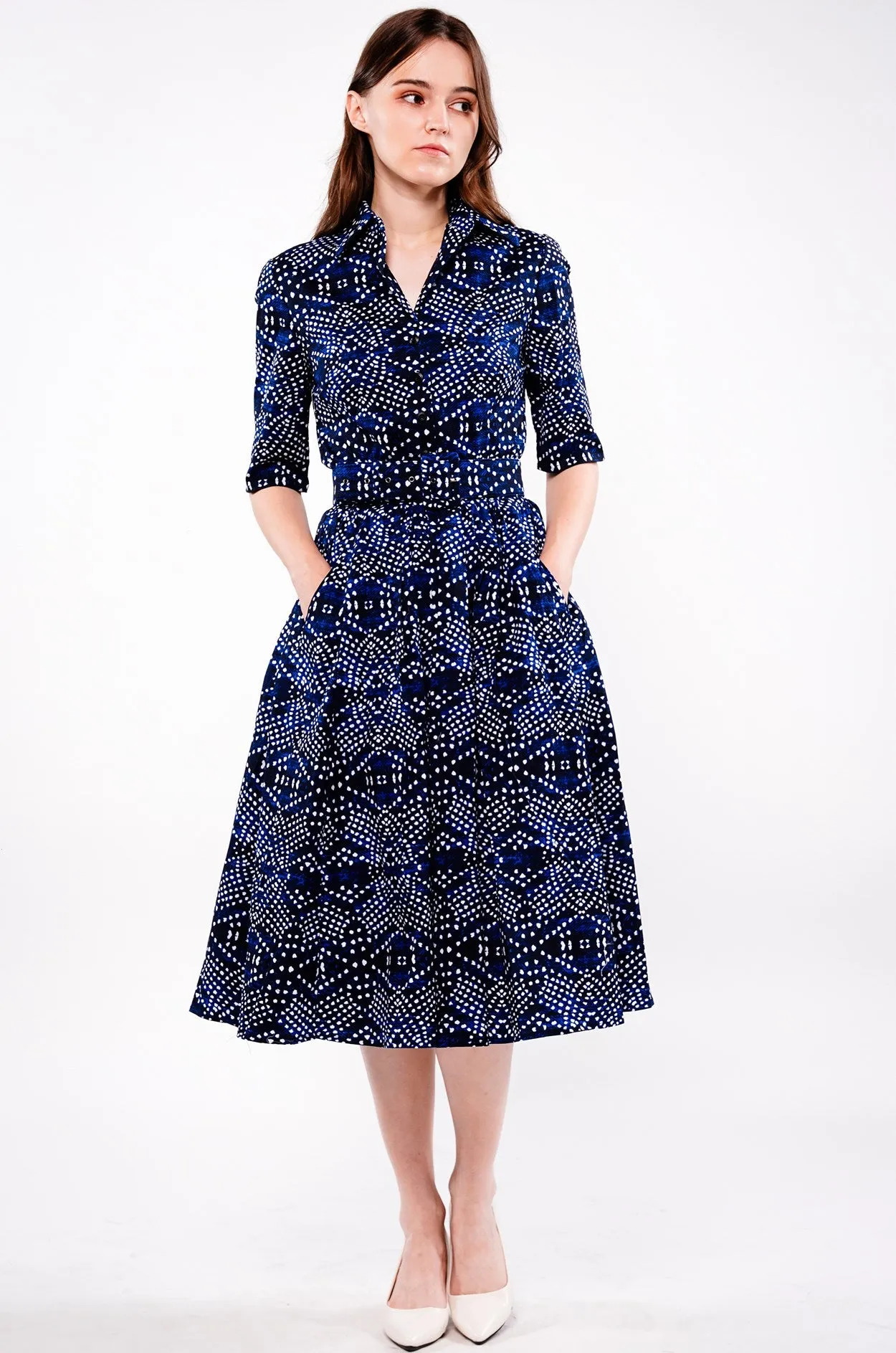 Audrey Dress #1 Shirt Collar 1/2 Sleeve Long Length Cotton Stretch (Shibori Boho)