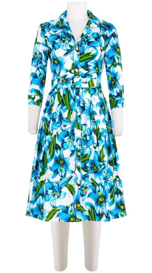 Audrey Dress #1 Shirt Collar 3/4 Sleeve Long Length Cotton Stretch (Paper Lillies White)