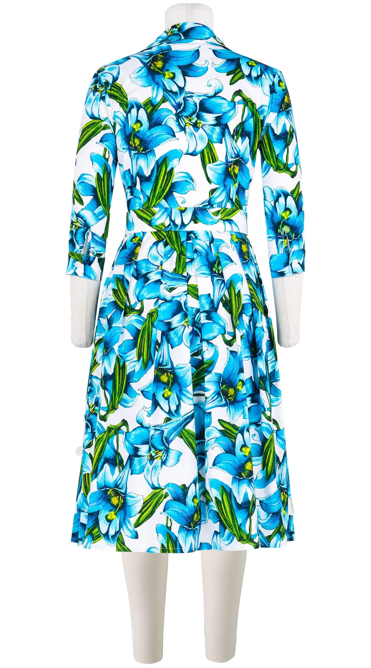 Audrey Dress #1 Shirt Collar 3/4 Sleeve Long Length Cotton Stretch (Paper Lillies White)