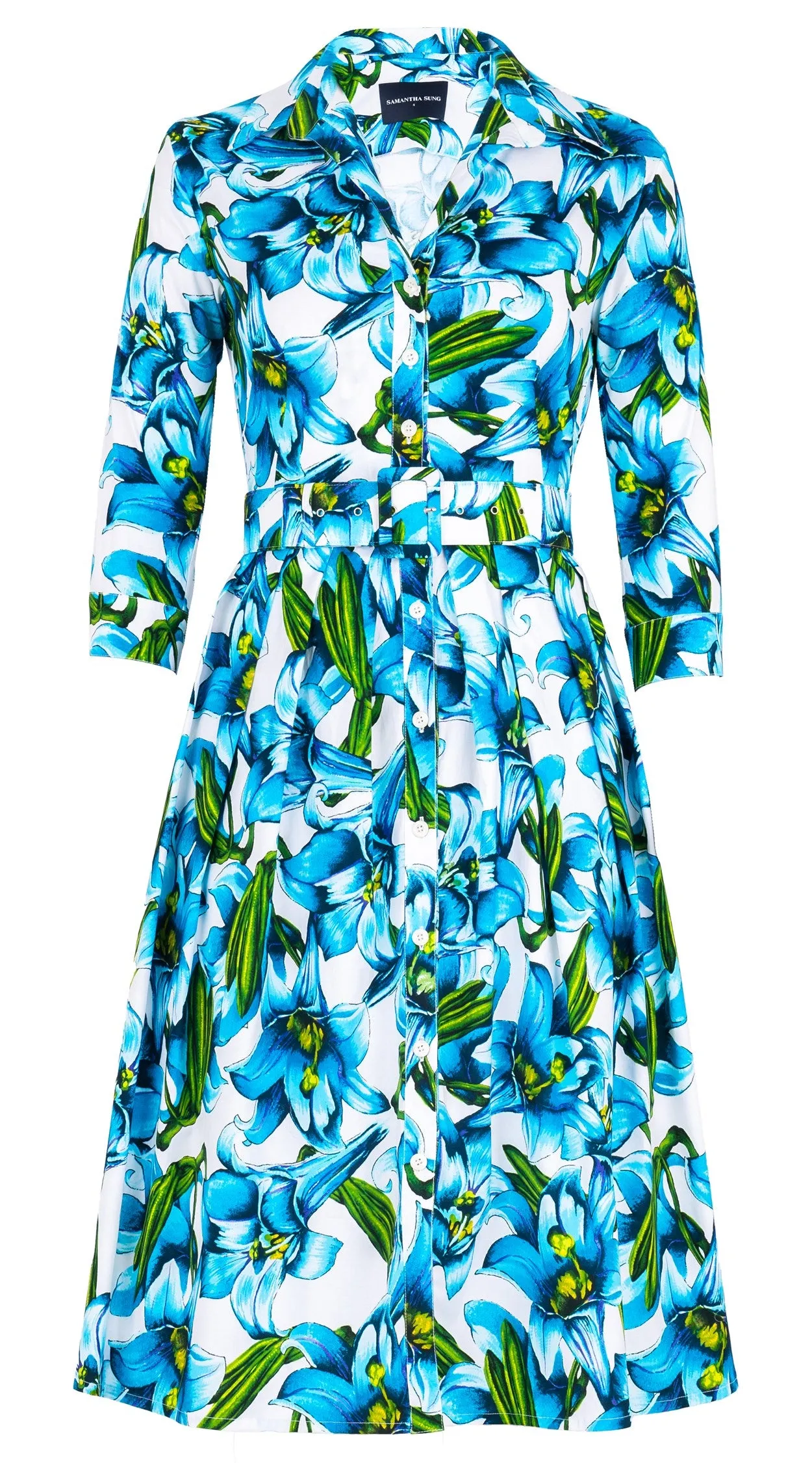 Audrey Dress #1 Shirt Collar 3/4 Sleeve Long Length Cotton Stretch (Paper Lillies White)