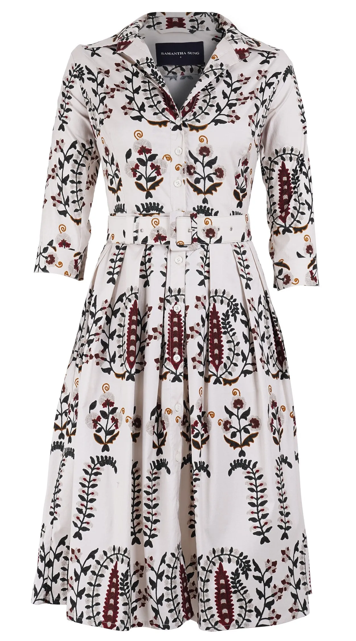 Audrey Dress #1 Shirt Collar 3/4 Sleeve Long Length Cotton Stretch (Suzani Ferns)