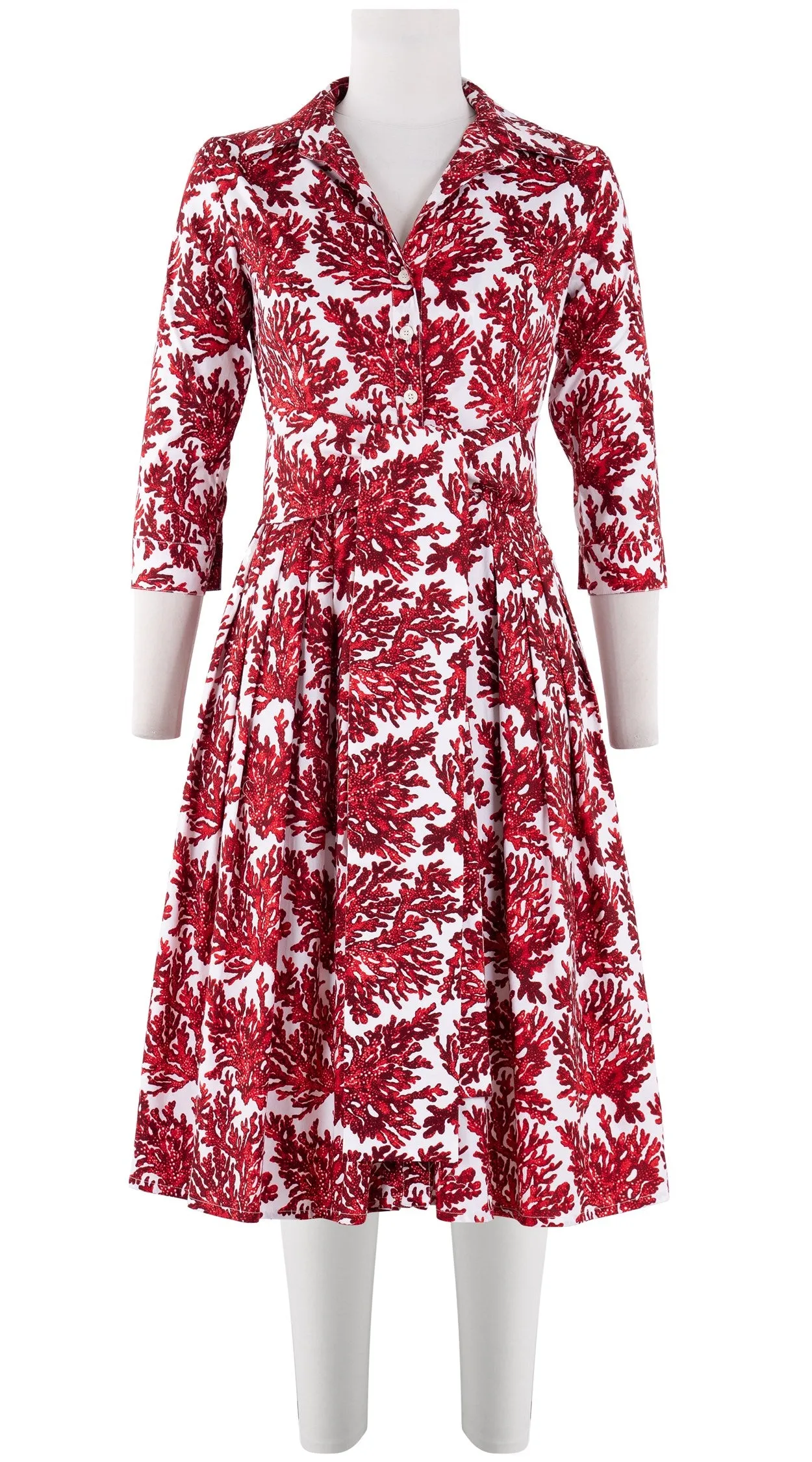Audrey Dress #2 Shirt Collar 3/4 Sleeve Long Length Cotton Stretch (Fringing Coral New)