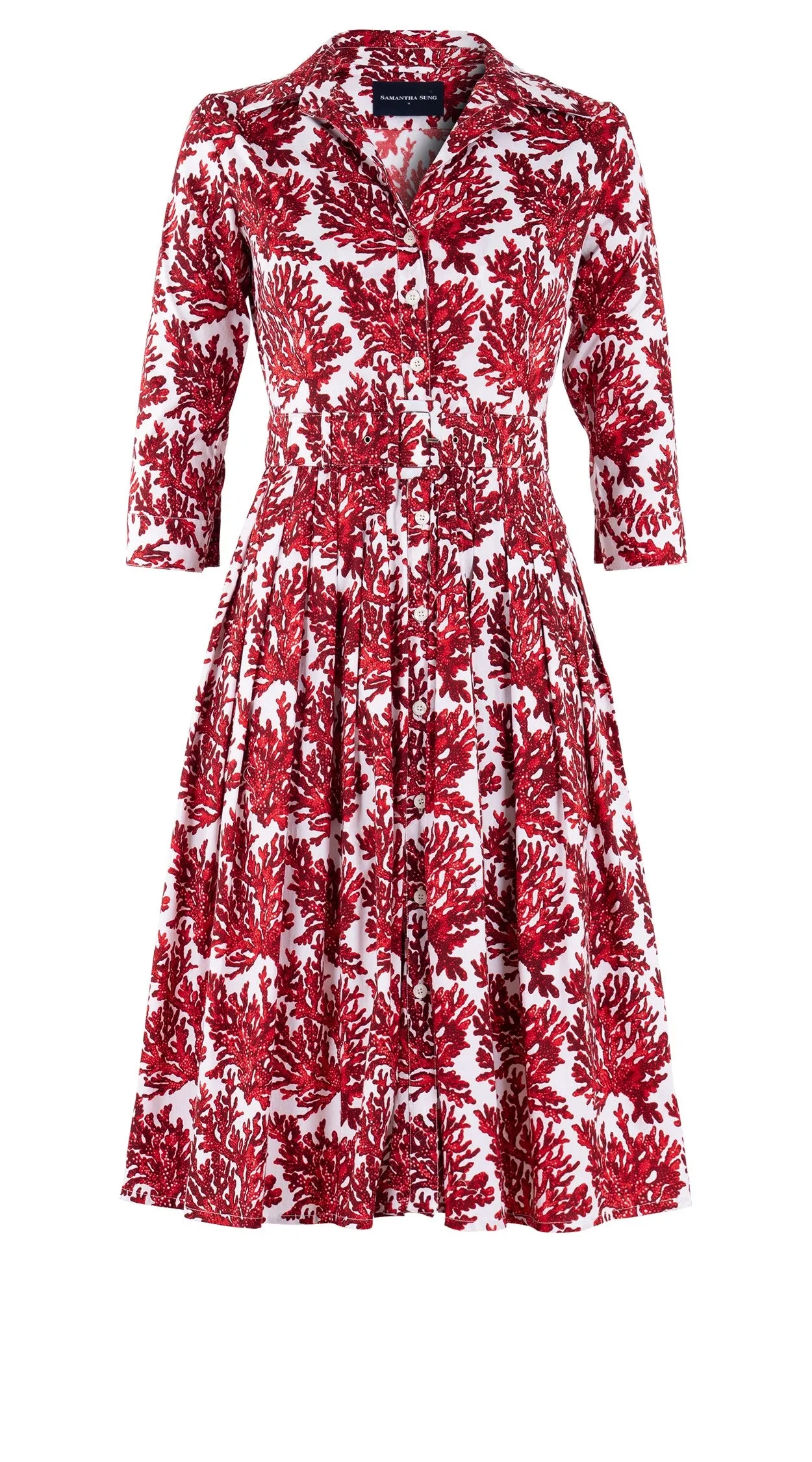 Audrey Dress #2 Shirt Collar 3/4 Sleeve Long Length Cotton Stretch (Fringing Coral New)
