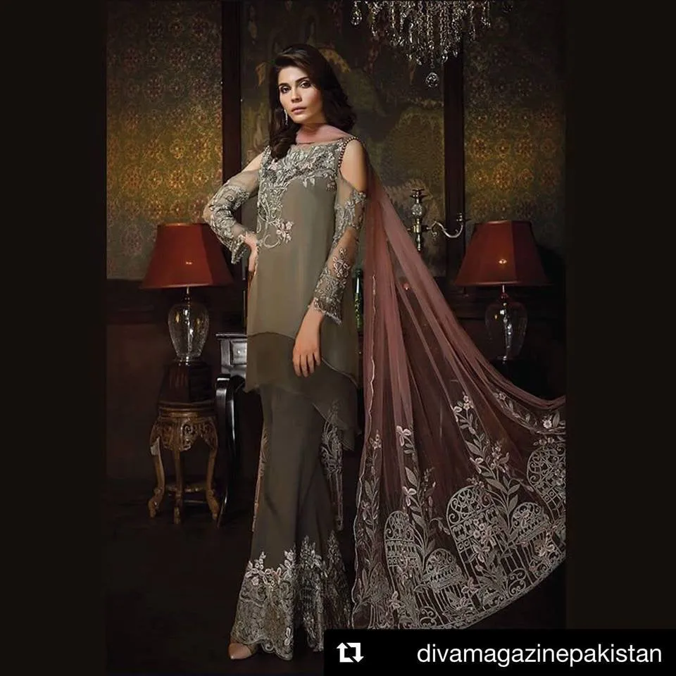 Beautiful Dress in Chiffon Greenish Gray and Pink color Model # C 1135