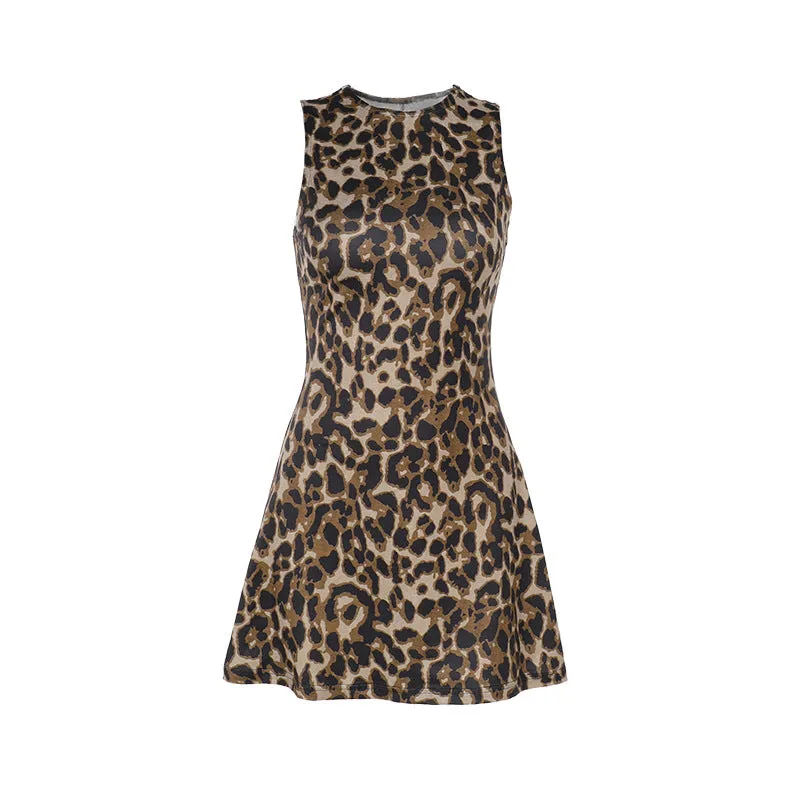 Beige Sleeveless Animal Print Dress