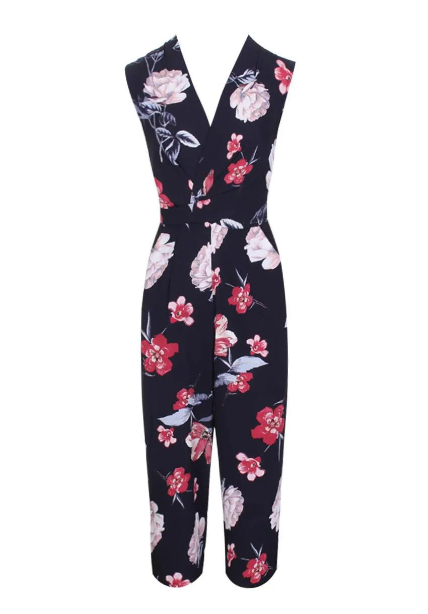 Black Floral Wrap Front Culotte Jumpsuit