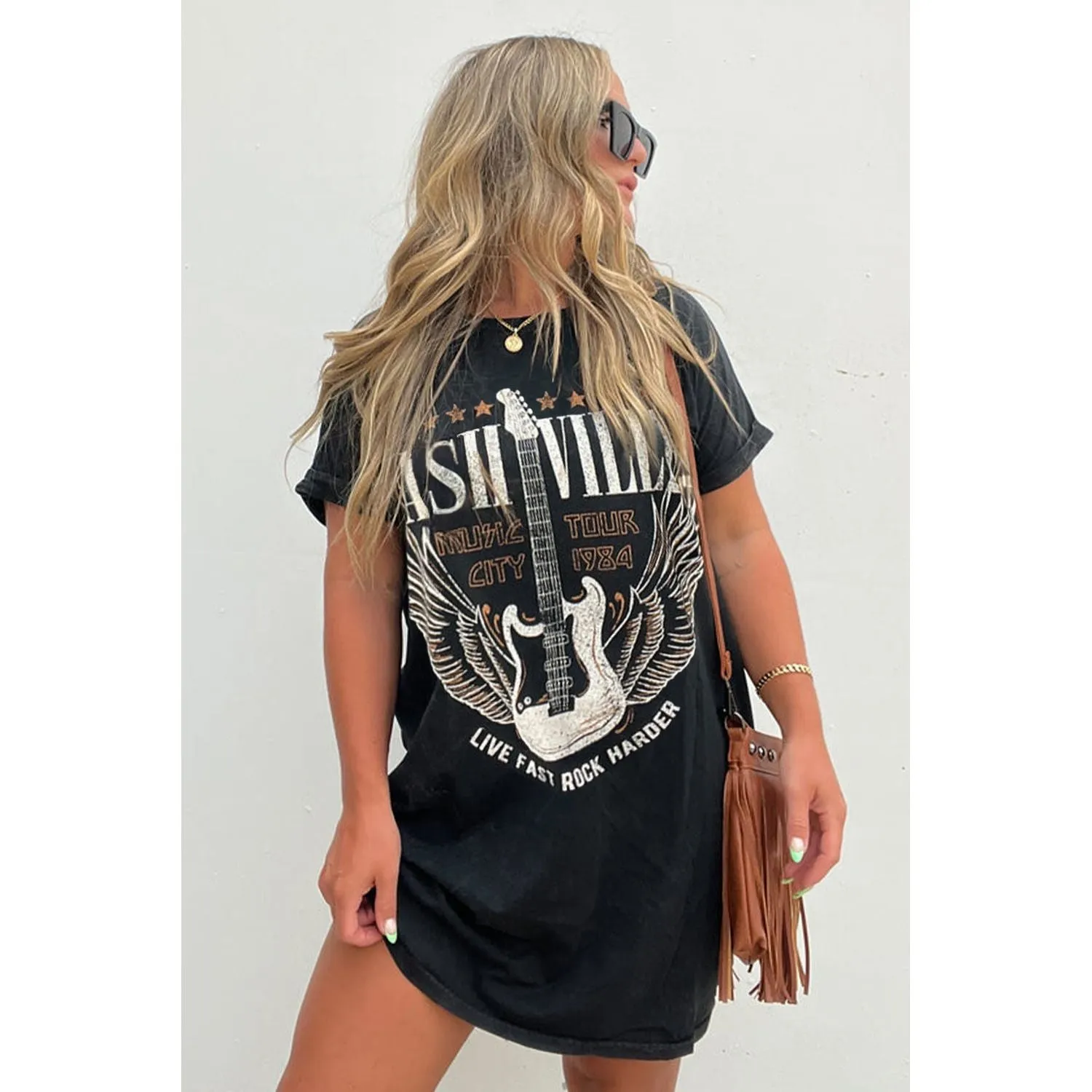 Black Nashville Guitar Print Crew Neck T Shirt Mini Dress