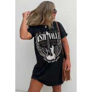 Black Nashville Guitar Print Crew Neck T Shirt Mini Dress