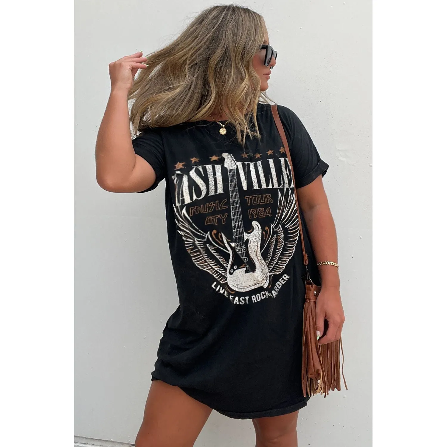 Black Nashville Guitar Print Crew Neck T Shirt Mini Dress
