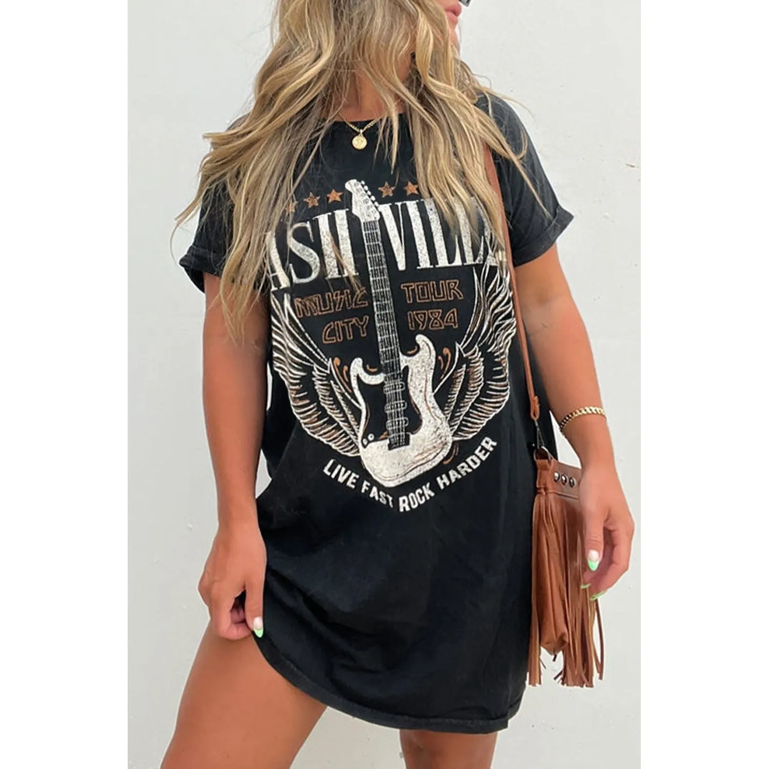 Black Nashville Guitar Print Crew Neck T Shirt Mini Dress