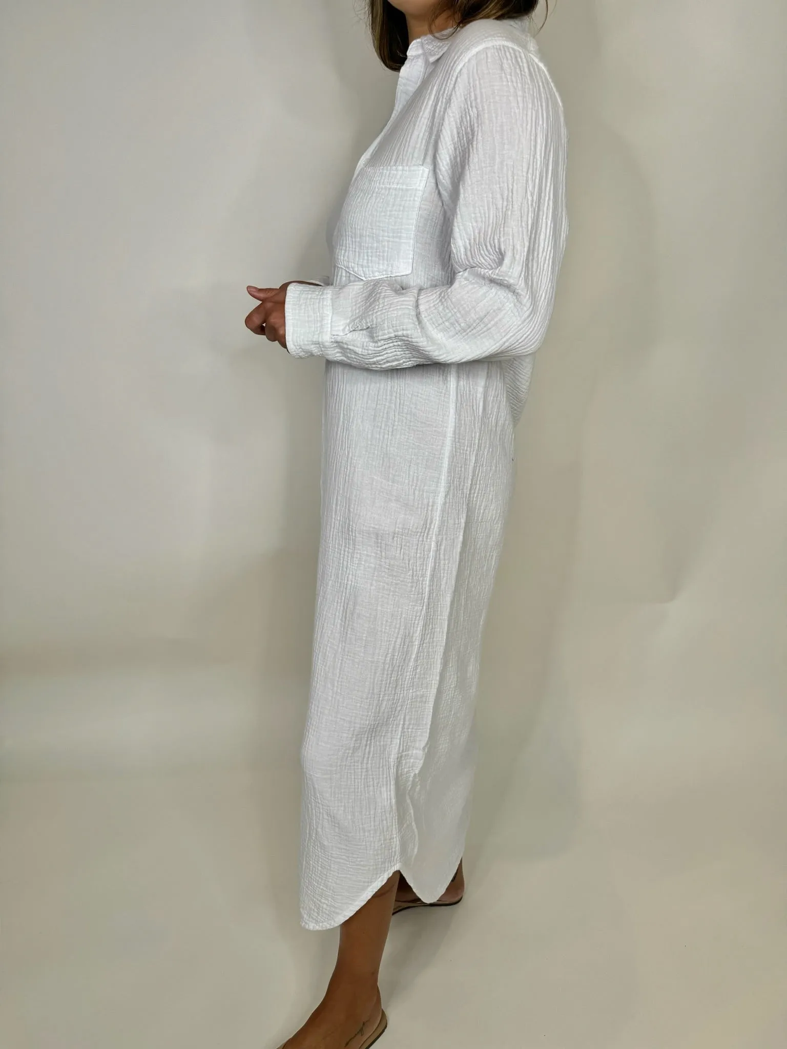Bobi Button Front Maxi Shirt Dress