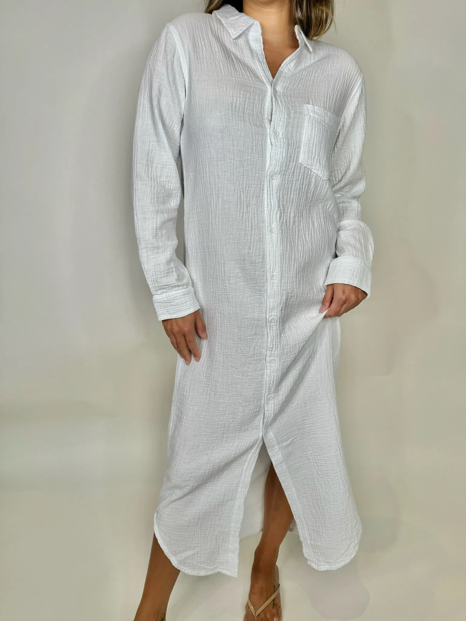 Bobi Button Front Maxi Shirt Dress