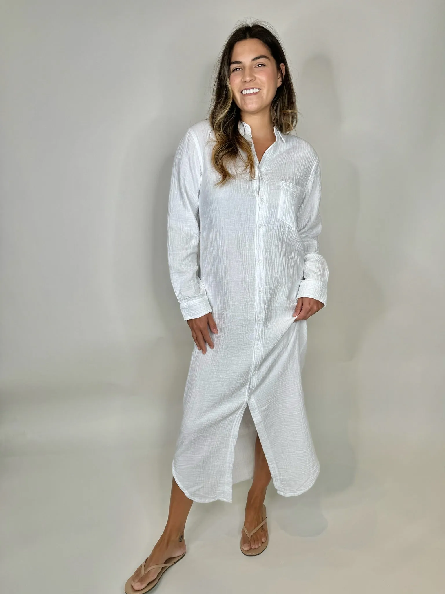 Bobi Button Front Maxi Shirt Dress