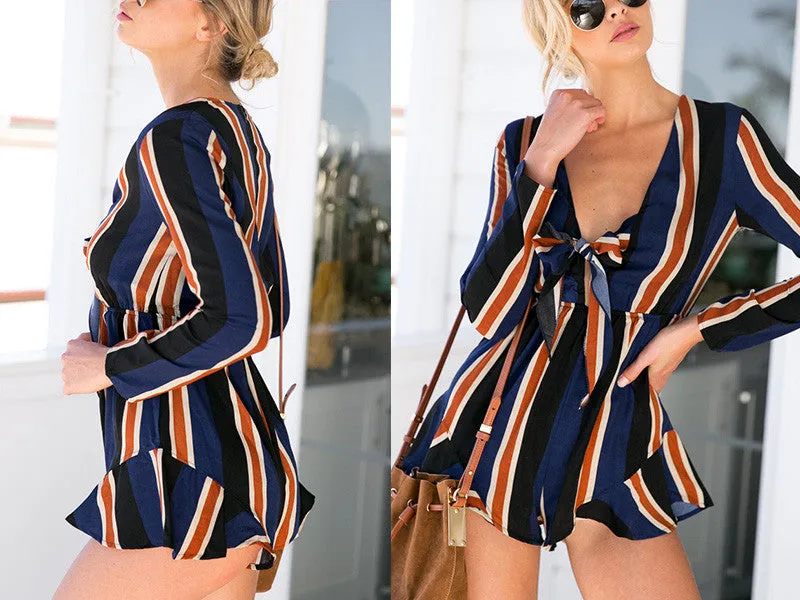 Bow striped women jumpsuit romper Summer style long sleeve party overalls Fashion club playsuits leotard