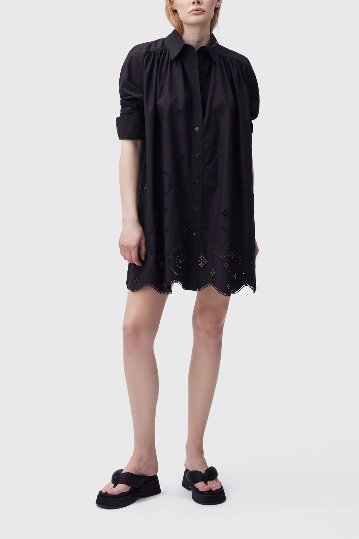 Broderie Anglaise Shirt Mini Dress in Black
