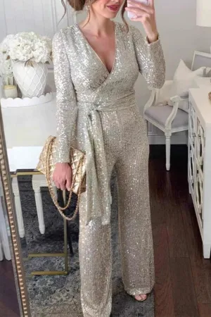 Casual Sequins Lace Up Sequined V Neck Regular Jumpsuits