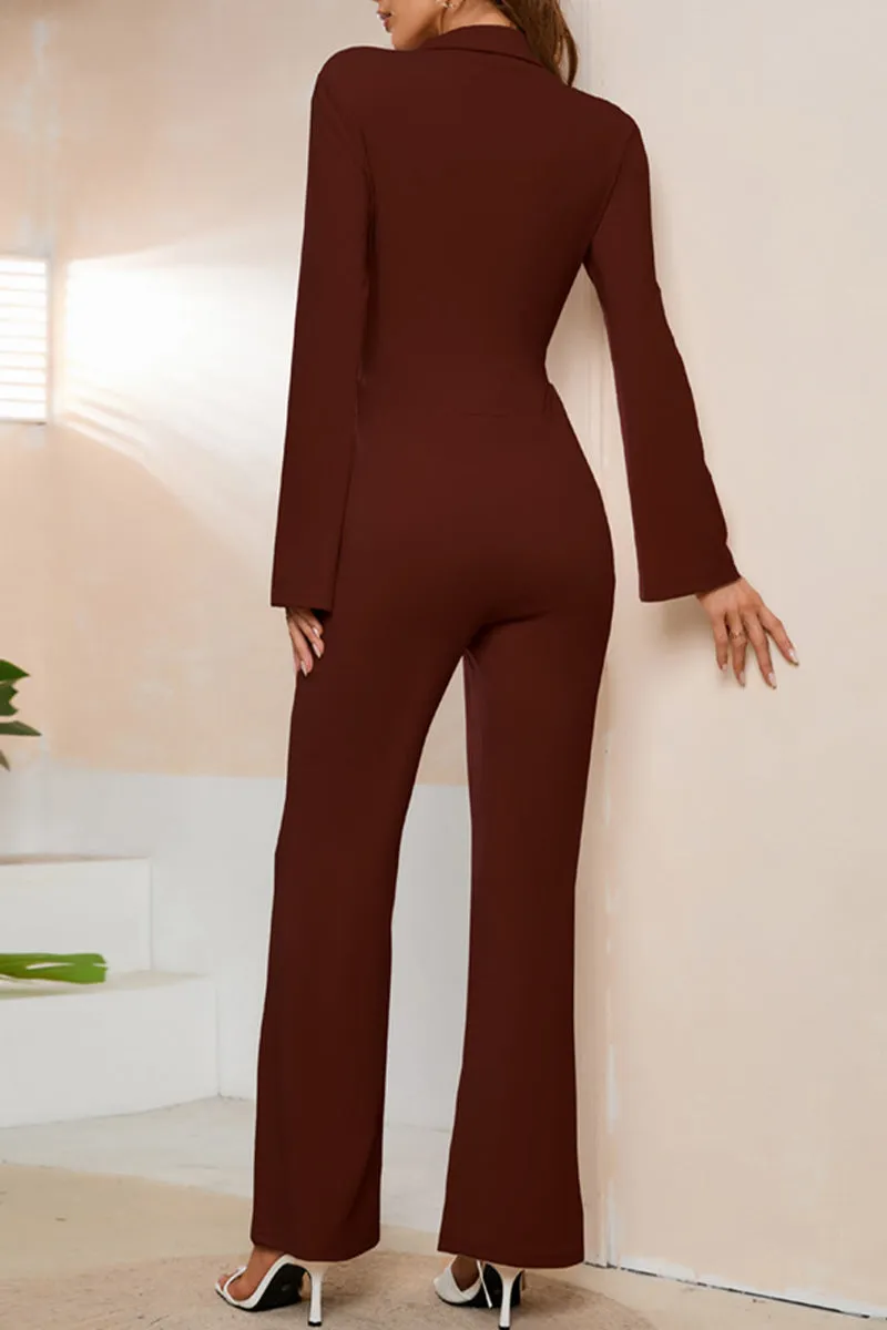 Casual Solid Buttons Turndown Collar Regular Jumpsuits(4 Colors)