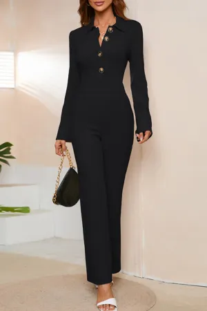 Casual Solid Buttons Turndown Collar Regular Jumpsuits(4 Colors)
