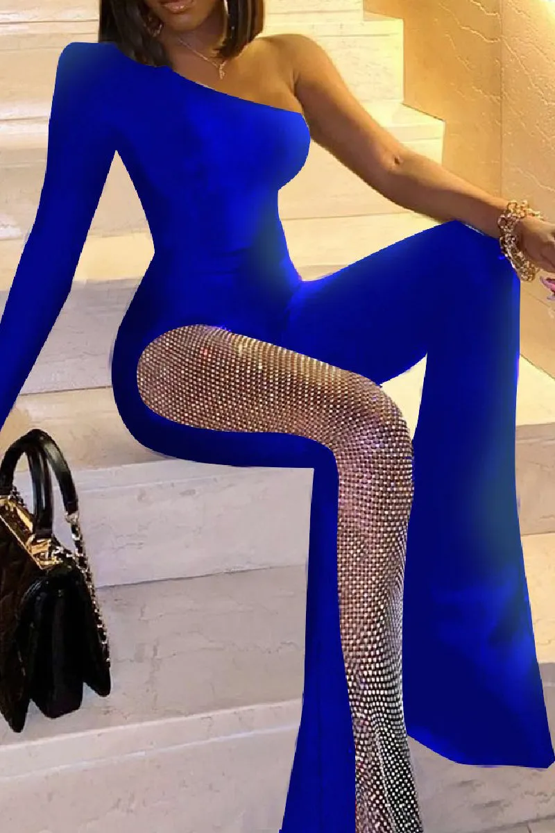 Casual Solid Patchwork Backless Oblique Collar Skinny Jumpsuits