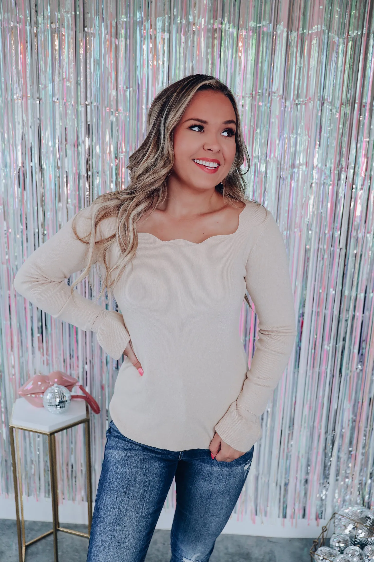 Celan Scalloped Neck Sweater - Oatmeal