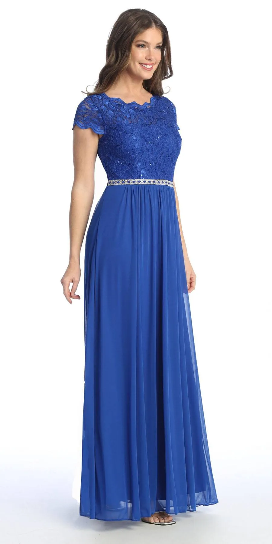 Celavie 6469 Lace Top Long A-Line Chiffon Dress with Short Sleeves
