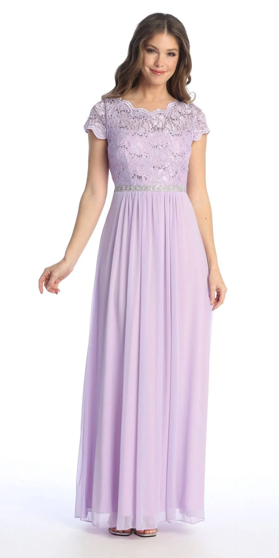 Celavie 6469 Lace Top Long A-Line Chiffon Dress with Short Sleeves