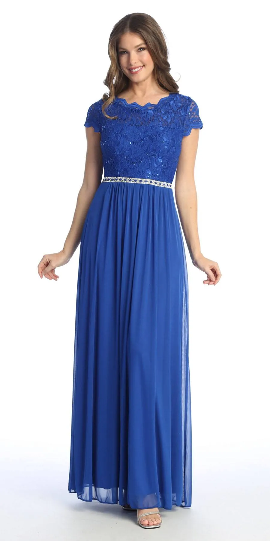 Celavie 6469 Lace Top Long A-Line Chiffon Dress with Short Sleeves