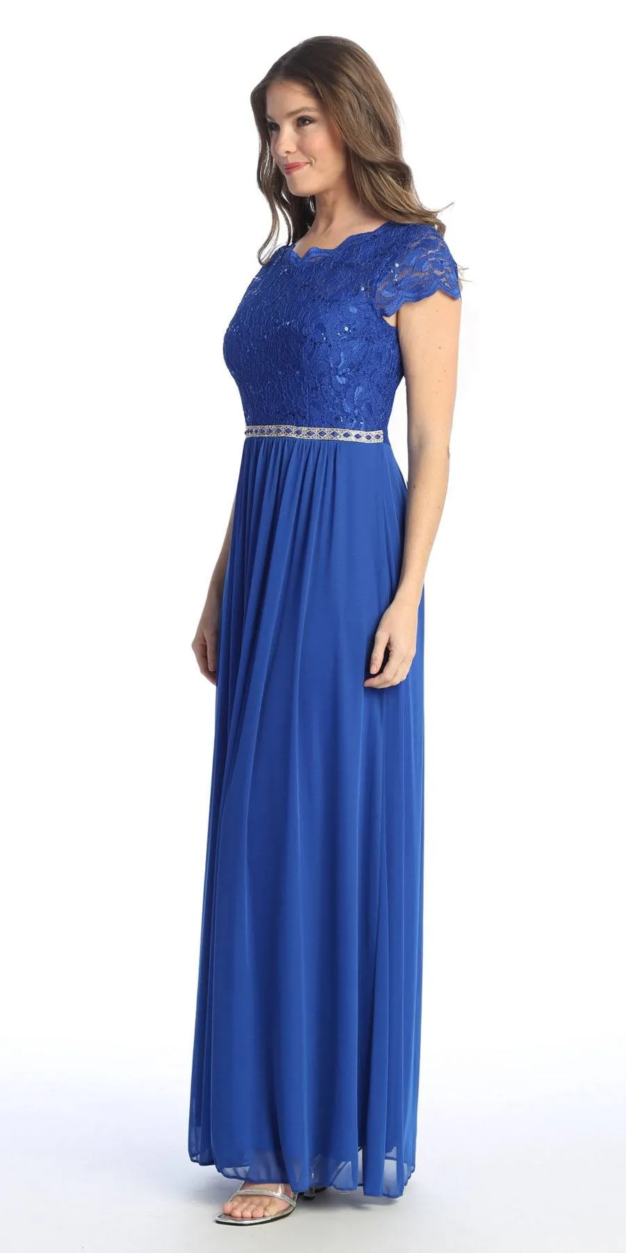 Celavie 6469 Lace Top Long A-Line Chiffon Dress with Short Sleeves