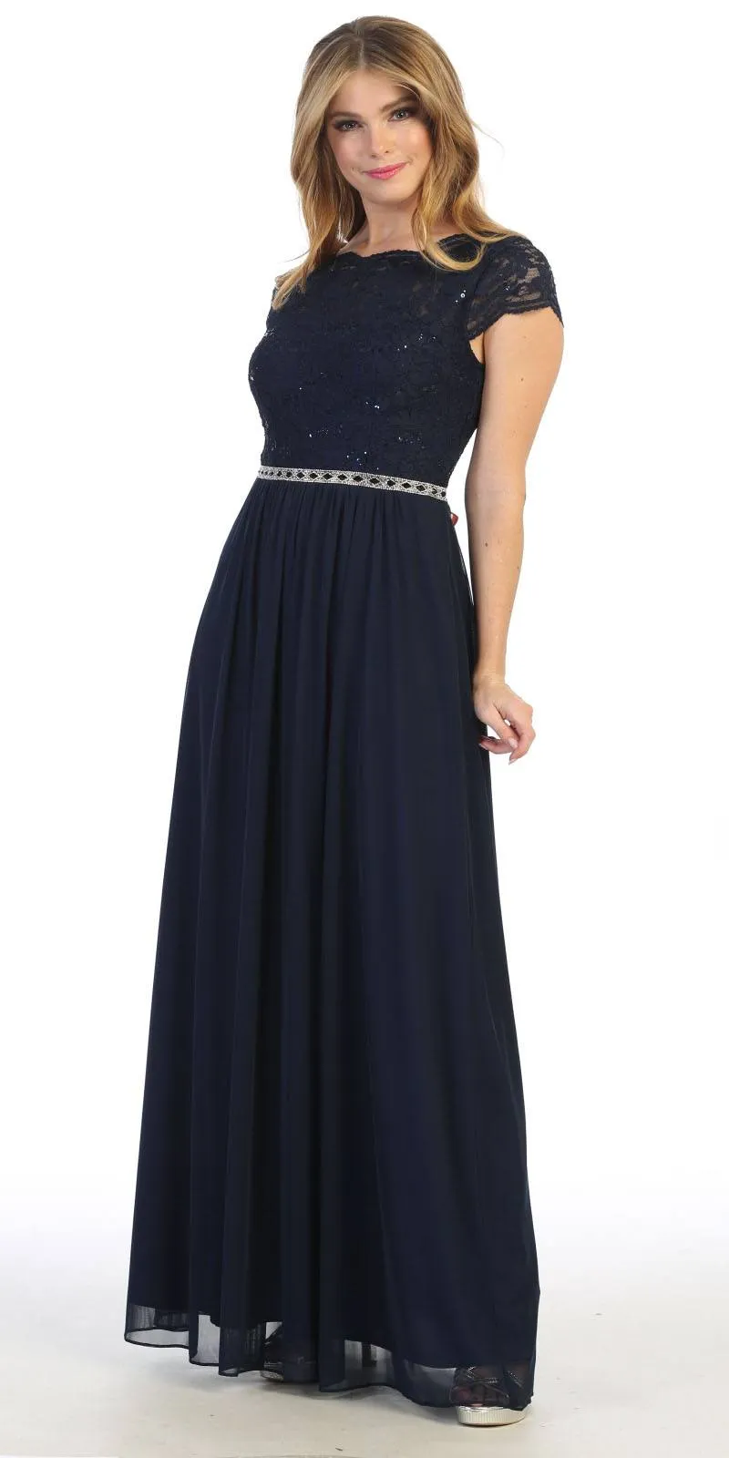 Celavie 6469 Lace Top Long A-Line Chiffon Dress with Short Sleeves